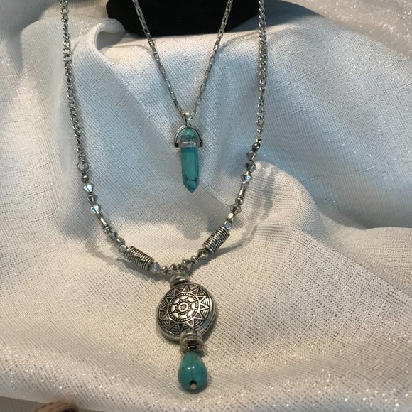 Turquoise and Silver Triple Chain Pendant - Picture 2 of 10